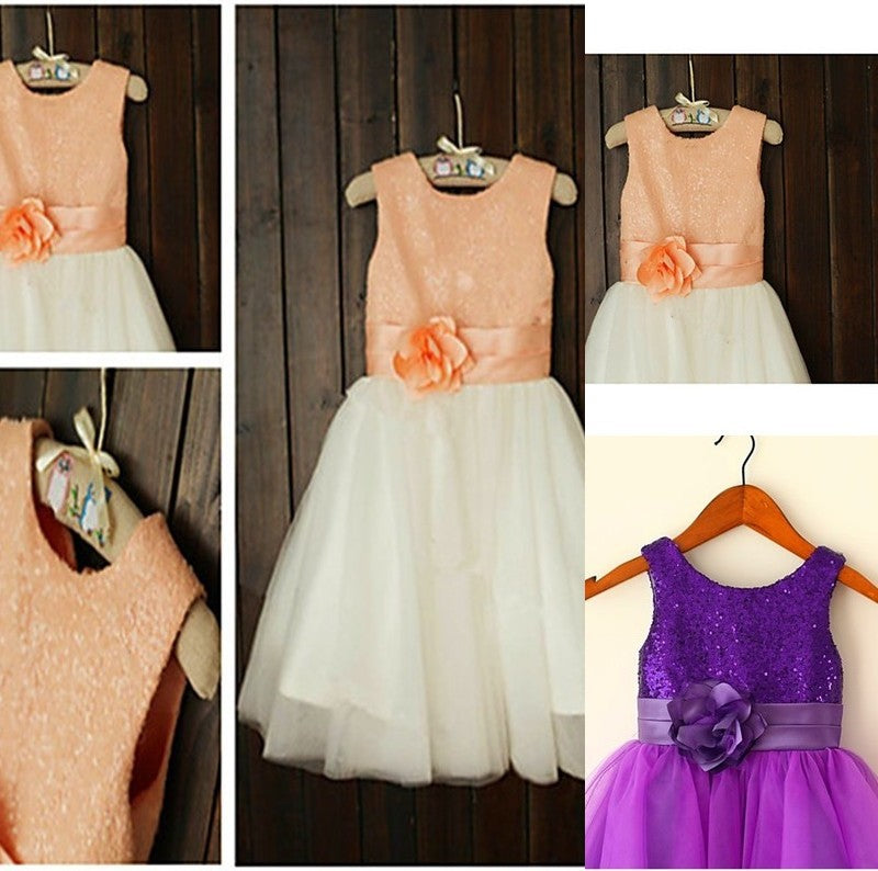 A-line/Princess Scoop Tulle Sleeveless Sequin Tea-Length Flower Girl Dresses