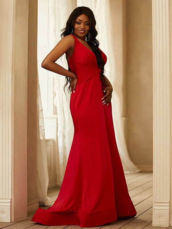 Ruched Sleeveless Sheath/Column Satin V-neck Sweep/Brush Train Dresses