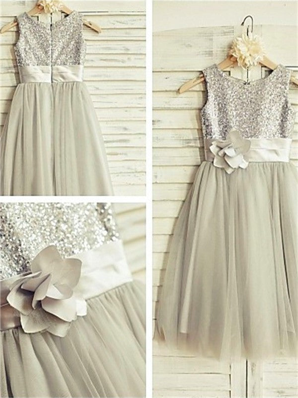 A-line/Princess Scoop Sleeveless Tulle Sequin Knee-Length Flower Girl Dresses