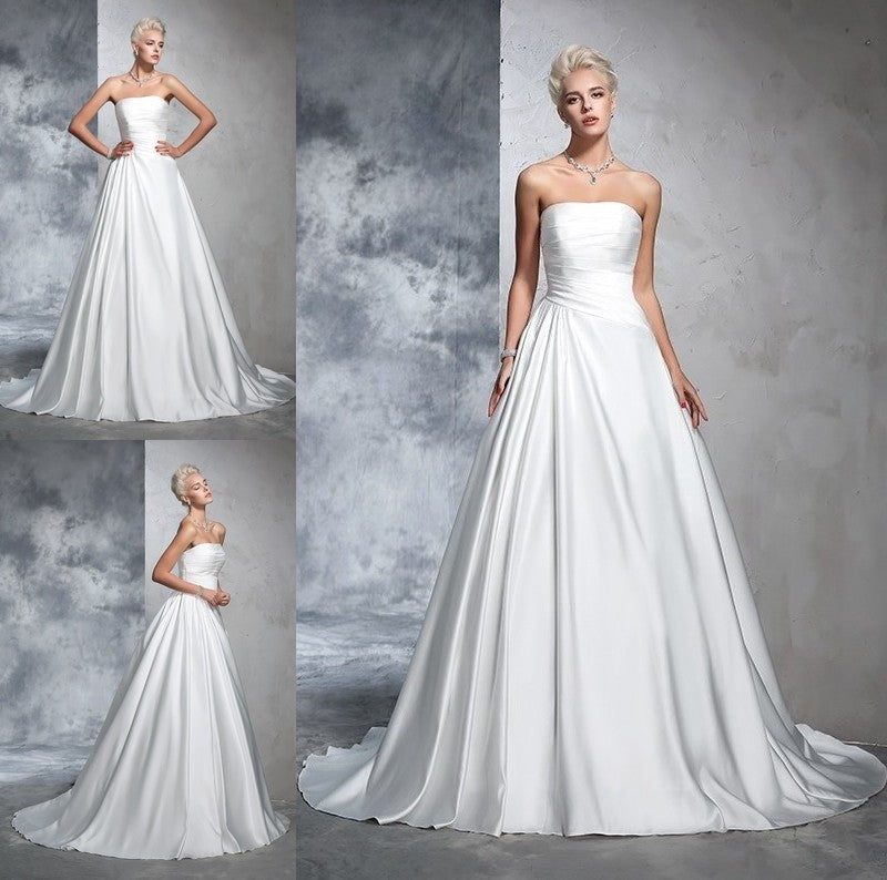 Strapless Gown Ruched Long Sleeveless Ball Satin Wedding Dresses