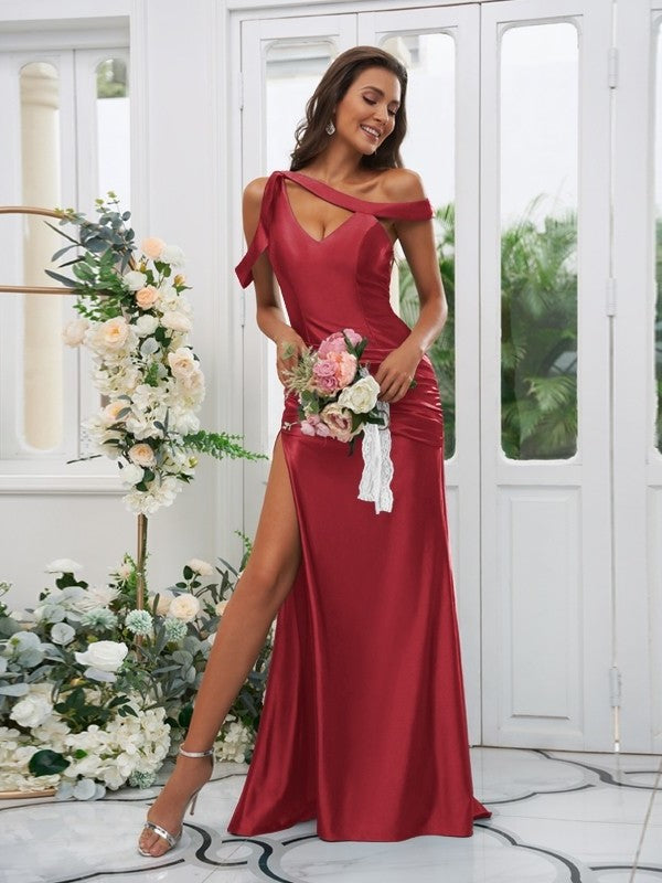 Sweep/Brush Sheath/Column Ruched Sleeveless Charmeuse Off-the-Shoulder Train Bridesmaid Dresses