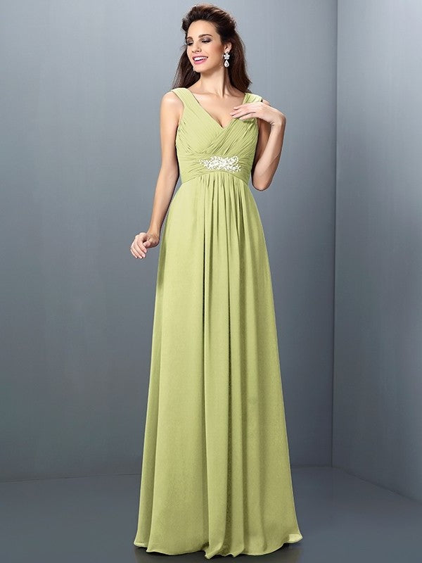 Long Beading A-Line/Princess Sleeveless Pleats V-neck Chiffon Bridesmaid Dresses