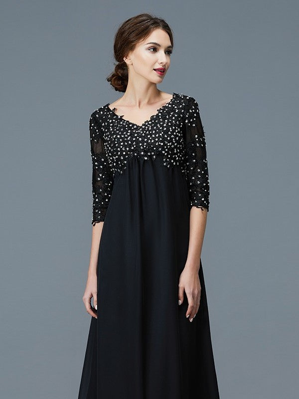 V-neck of Beading 1/2 Floor-Length Chiffon Sleeves A-Line/Princess Mother the Bride Dresses