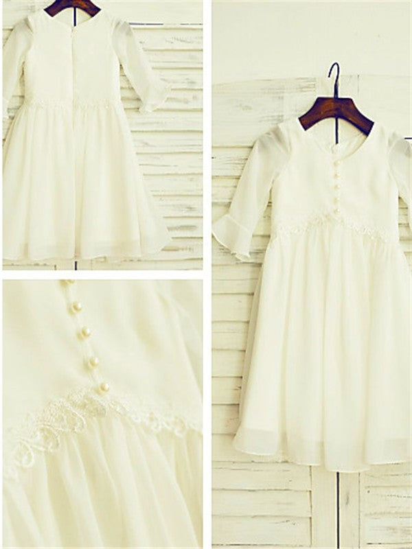 Ruffles Long Scoop Tea-Length A-line/Princess Sleeves Chiffon Flower Girl Dresses