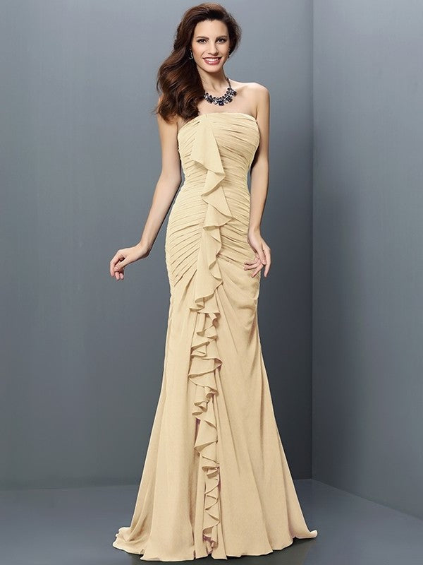 Trumpet/Mermaid Pleats Strapless Sleeveless Long Chiffon Bridesmaid Dresses