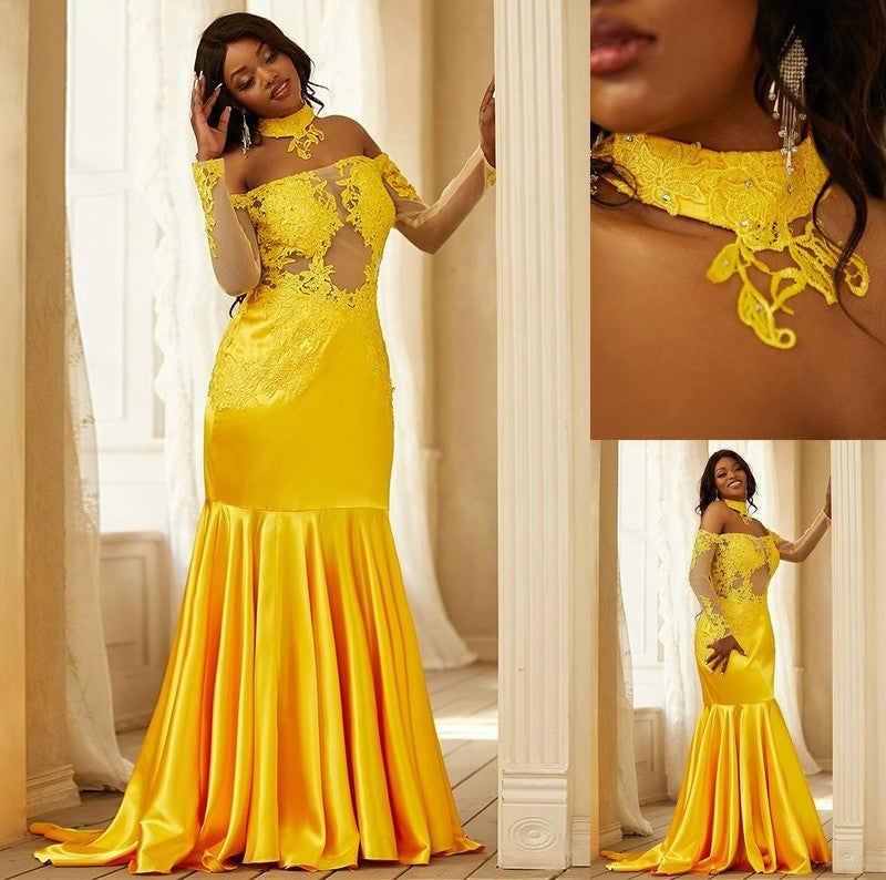 Satin Applique Sleeves Elastic Off-the-Shoulder Woven Long Trumpet/Mermaid Sweep/Brush Train Dresses