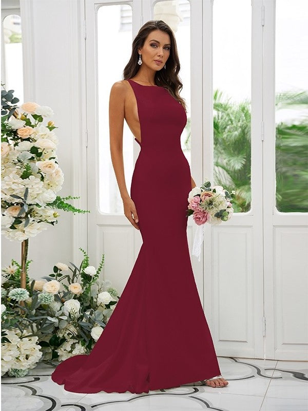 Square Ruffles Sweep/Brush Sleeveless Crepe Stretch Sheath/Column Train Bridesmaid Dresses