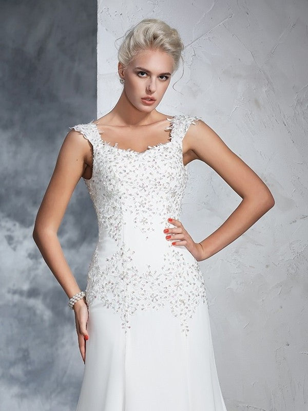 Sleeveless Beading A-Line/Princess Straps Long Chiffon Wedding Dresses