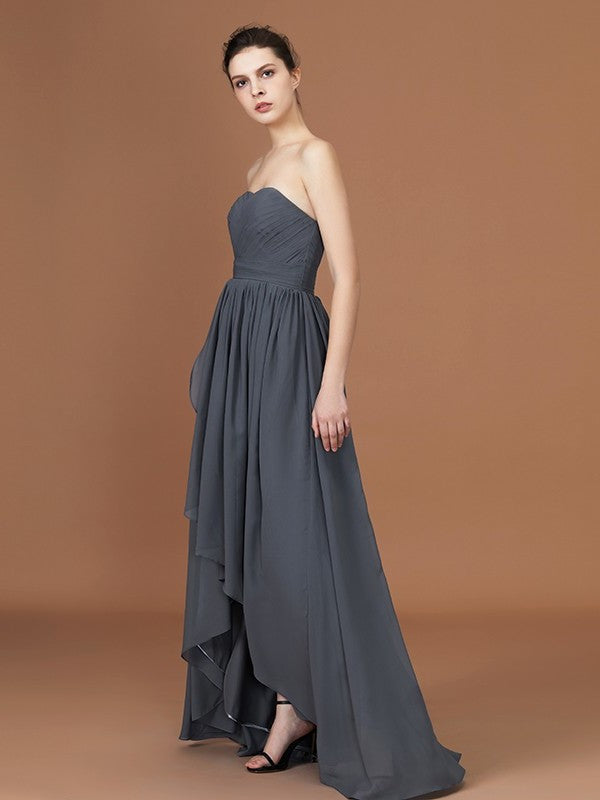 Asymmetrical A-Line/Princess Sleeveless Ruched Sweetheart Floor-Length Chiffon Bridesmaid Dresses