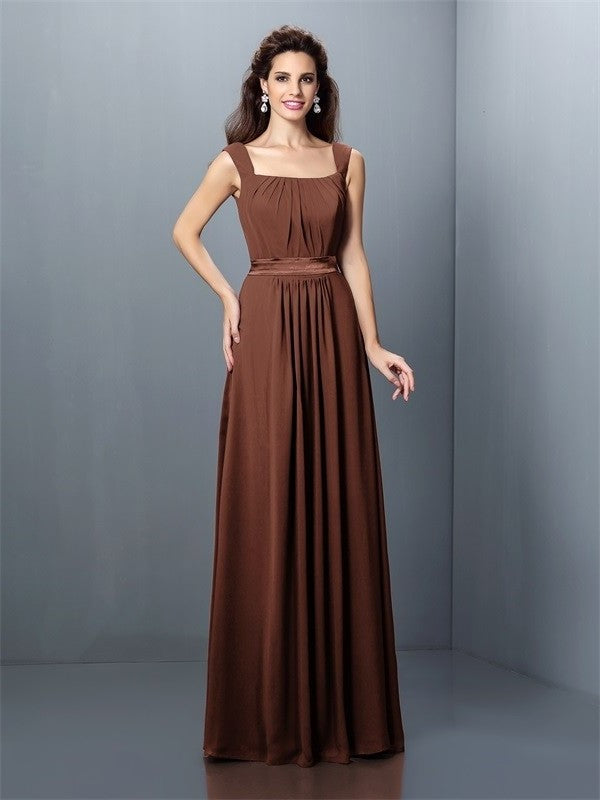 Square Sleeveless Pleats Long A-Line/Princess Chiffon Bridesmaid Dresses