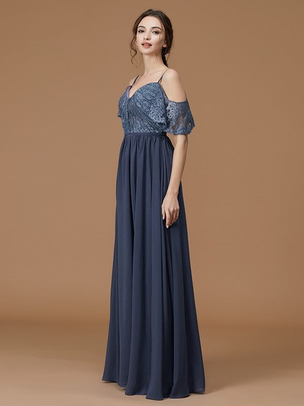 Straps Floor-Length A-Line/Princess Sleeveless Lace Spaghetti Chiffon Bridesmaid Dresses