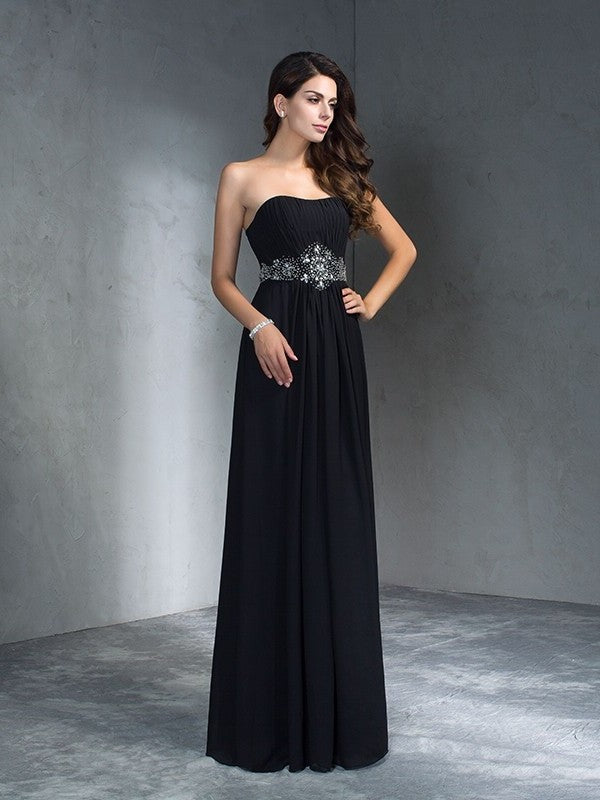 Strapless A-Line/Princess Beading Sleeveless Long Chiffon Dresses