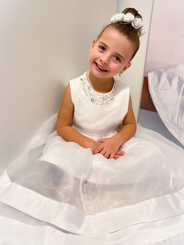 Satin Jewel Sleeveless Tea-Length A-Line/Princess Bowknot Flower Girl Dresses