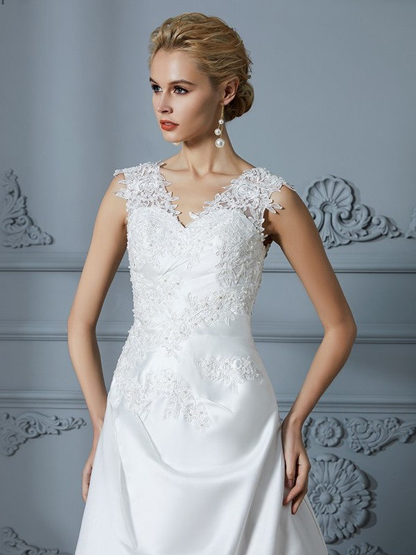 Sweep/Brush V-neck Applique Train Sleeveless A-Line/Princess Satin Wedding Dresses