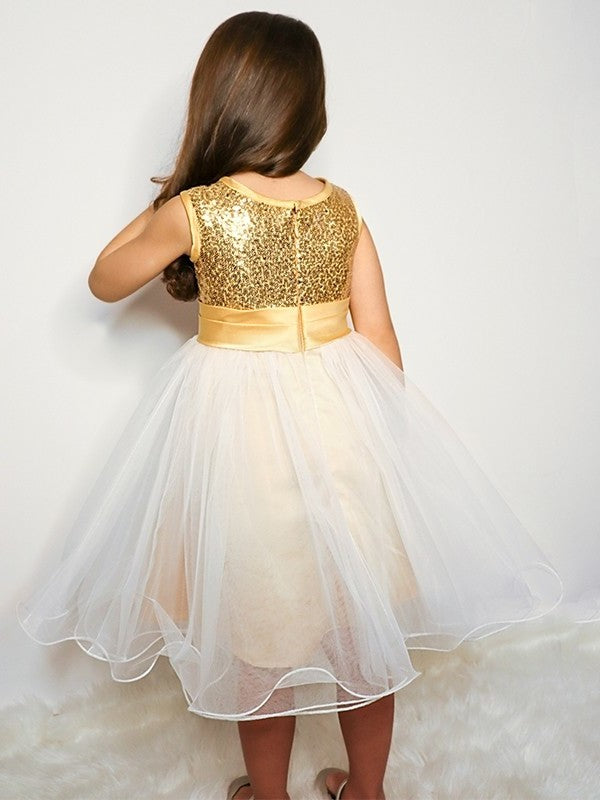 Scoop Sleeveless A-Line/Princess Tea-Length Organza Sequin Flower Girl Dresses