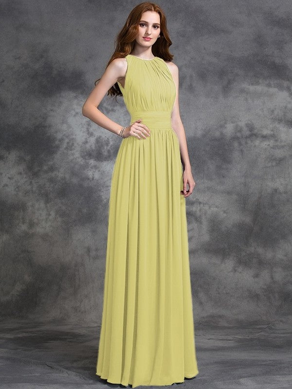 Sleeveless Long A-line/Princess Ruched Jewel Chiffon Bridesmaid Dresses