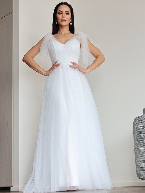 V-neck Sleeveless A-Line/Princess Ruffles Tulle Floor-Length Wedding Dresses