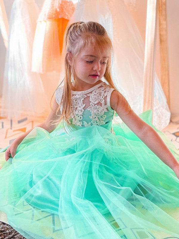 Sleeveless Tulle Knee-Length Scoop Applique A-Line/Princess Flower Girl Dresses