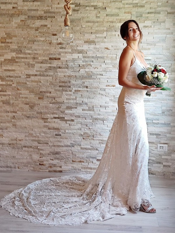 Lace Applique Sleeveless Sheath/Column Court Straps Spaghetti Train Wedding Dresses