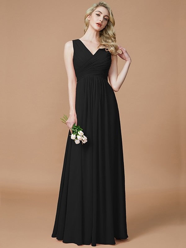 V-neck Ruched Floor-Length Sleeveless A-Line/Princess Chiffon Bridesmaid Dresses