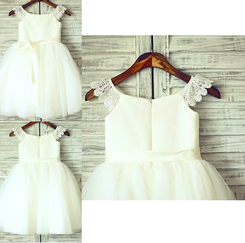 A-line/Princess Sash/Ribbon/Belt Knee-Length Scoop Sleeveless Tulle Flower Girl Dresses