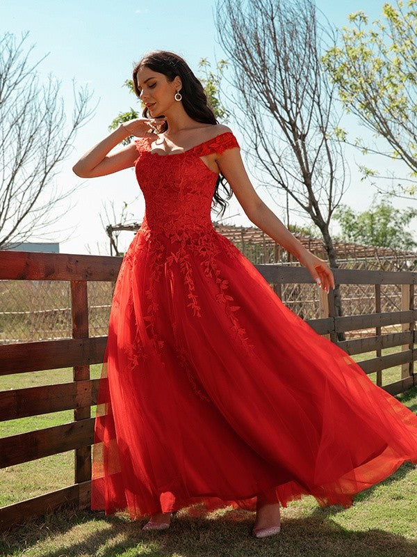 Tulle Applique A-Line/Princess Off-the-Shoulder Sleeveless Floor-Length Dresses