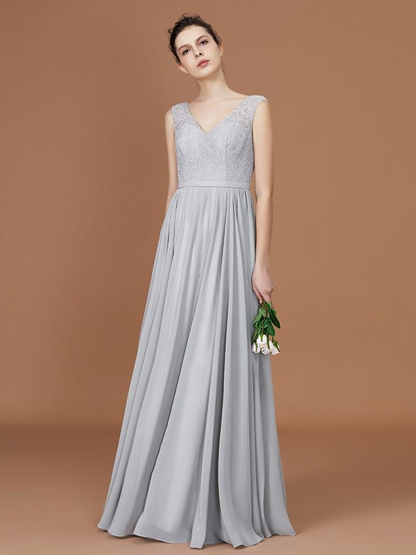 V-neck Floor-Length Chiffon Sleeveless A-Line/Princess Lace Bridesmaid Dress