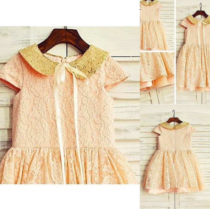 Tea-Length Short Lace Sequin Sleeves Scoop A-line/Princess Flower Girl Dresses