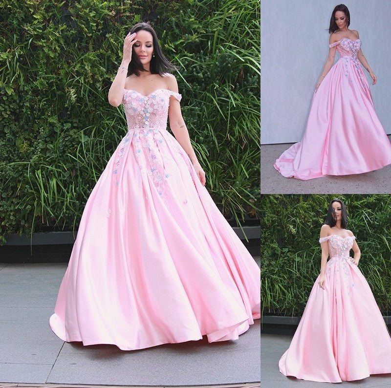 Applique Sleeveless Satin Off-the-Shoulder A-Line/Princess Sweep/Brush Train Dresses