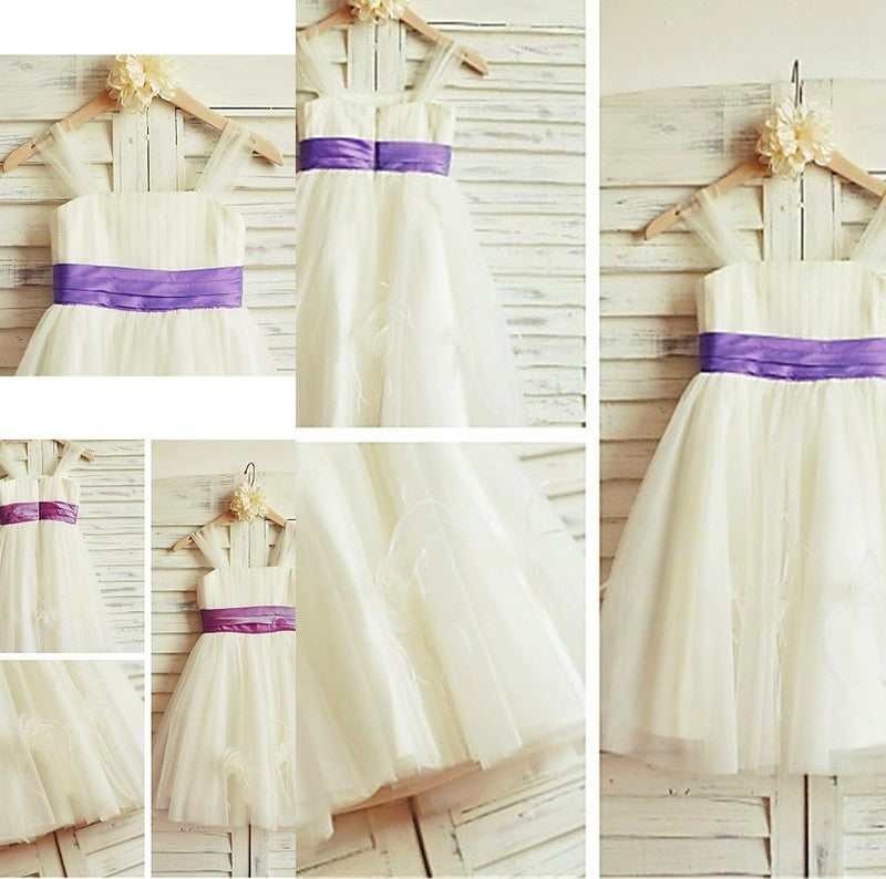 Tulle Ruffles Tea-Length Sleeveless A-line/Princess Straps Flower Girl Dresses