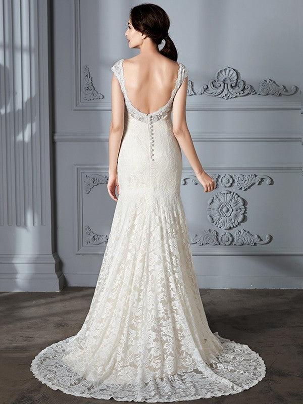 Lace V-Neck Sleeveless Sweep/Brush Trumpet/Mermaid Train Wedding Dresses