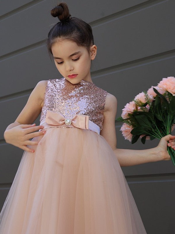 Sleeveless Tulle A-Line/Princess Scoop Bowknot Tea-Length Flower Girl Dresses