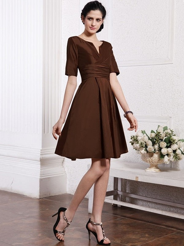 V-neck Pleats Sleeves Sheath/Column Half Taffeta Bridesmaid Dresses