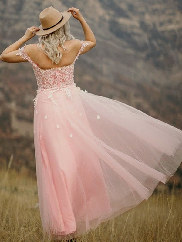 Sleeveless Sweetheart A-Line/Princess Tulle Applique Floor-Length Dresses