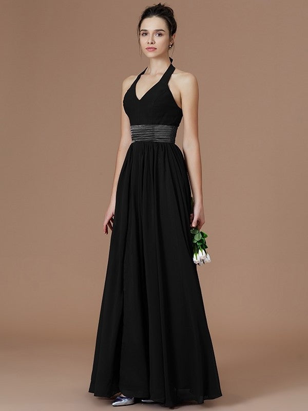 Floor-Length Sleeveless Halter A-Line/Princess Sash/Ribbon/Belt Chiffon Bridesmaid Dresses