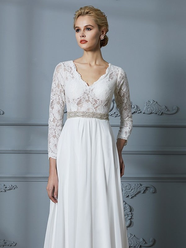 Sweep/Brush A-Line/Princess V-neck Lace Sleeves 3/4 Train Chiffon Wedding Dresses