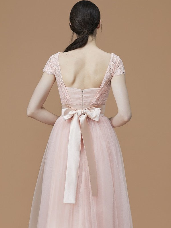 Sleeves Sash/Ribbon/Belt Short A-Line/Princess Bateau Floor-Length Tulle Bridesmaid Dresses