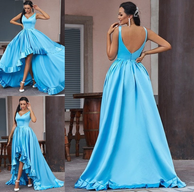 A-Line/Princess V-neck Satin Ruffles Sleeveless Asymmetrical Dresses