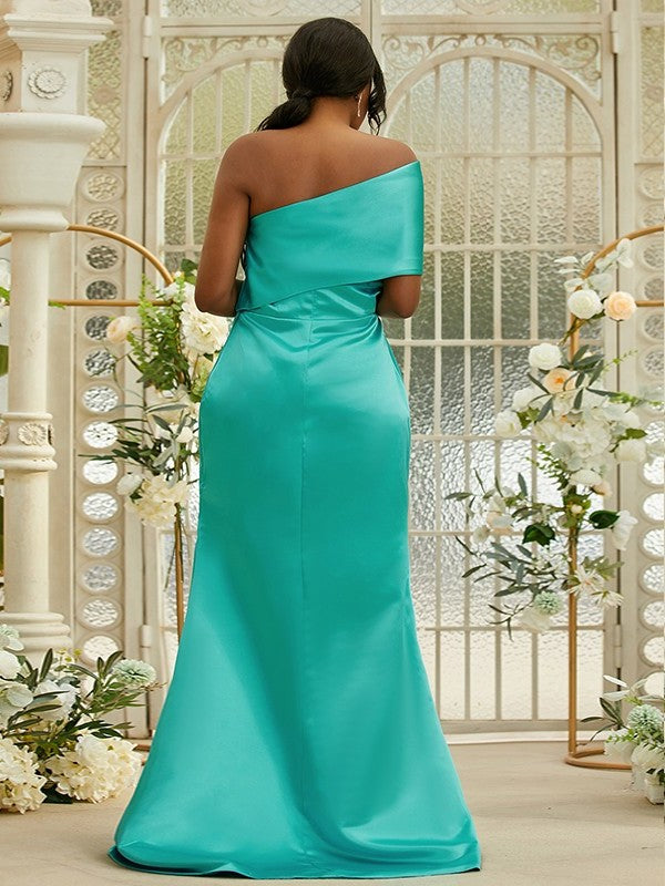 Sweep/Brush Sleeveless One-Shoulder Sheath/Column Ruched Satin Train Bridesmaid Dresses