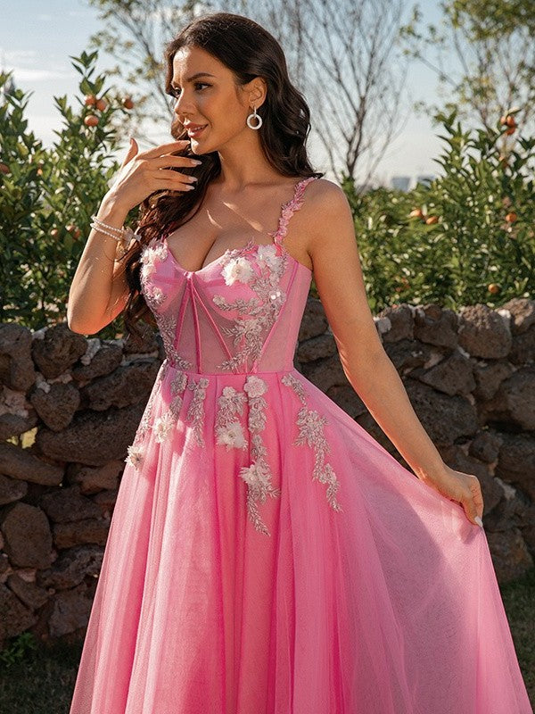 Tulle Straps Applique A-Line/Princess Sleeveless Floor-Length Dresses