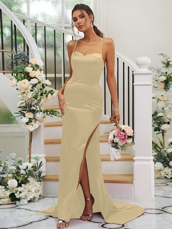 Square Sleeveless Elastic Woven Satin Ruched Sweep/Brush Sheath/Column Train Bridesmaid Dresses