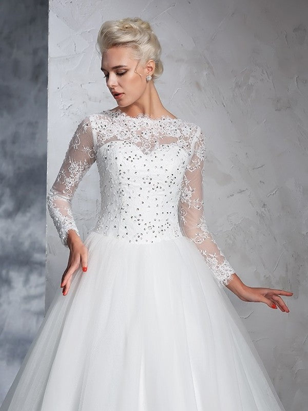 Long Bateau Long Ball Gown Lace Sleeves Net Wedding Dresses