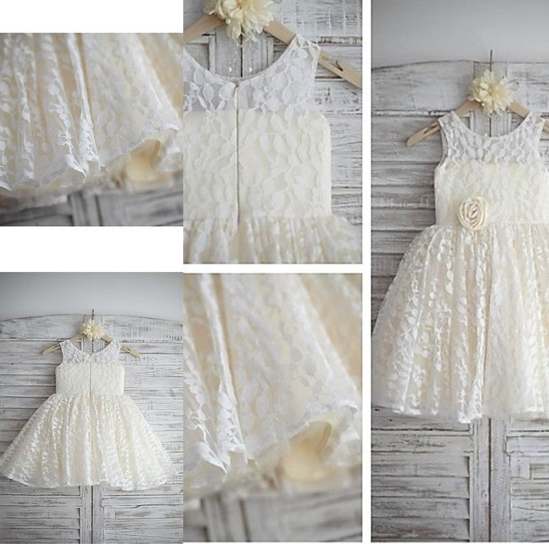 A-line/Princess Scoop Flower Hand-made Lace Tea-Length Sleeveless Flower Girl Dresses