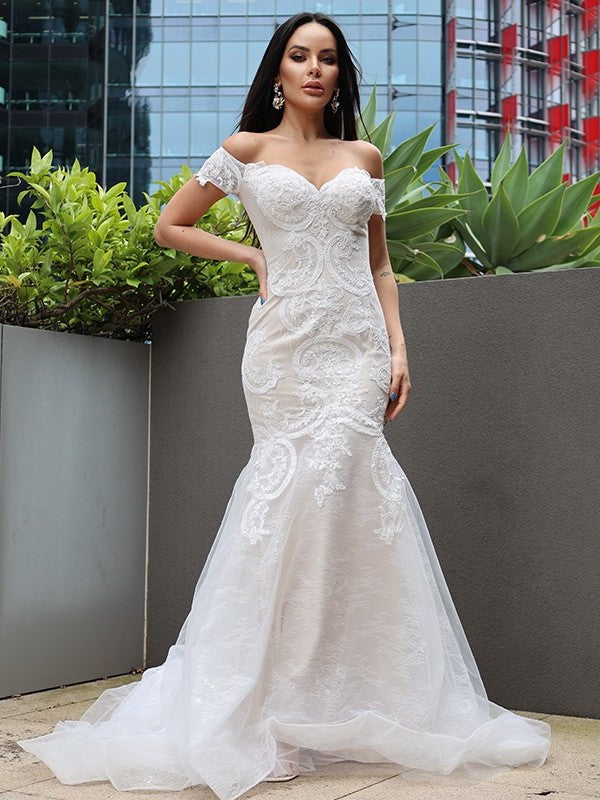 Sweep/Brush Applique Trumpet/Mermaid Tulle Sleeveless Off-the-Shoulder Train Wedding Dresses