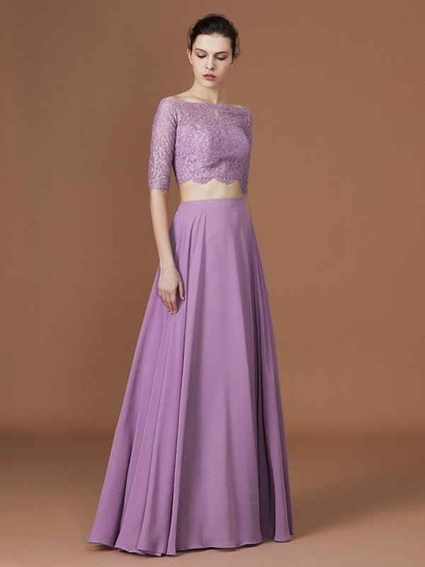 Sleeves Off-the-Shoulder Floor-Length 1/2 A-Line/Princess Lace Chiffon Bridesmaid Dress