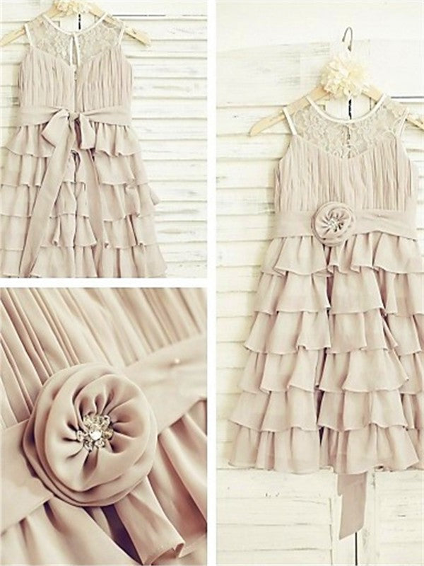 Ruffles Chiffon Scoop A-line/Princess Sleeveless Tea-Length Flower Girl Dresses