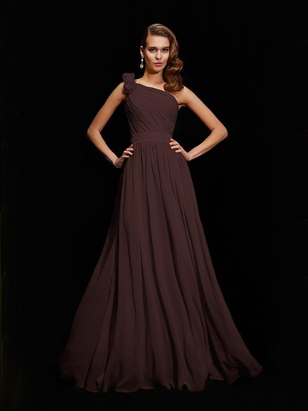 Flower Sleeveless A-Line/Princess One-Shoulder Hand-Made Long Chiffon Bridesmaid Dresses