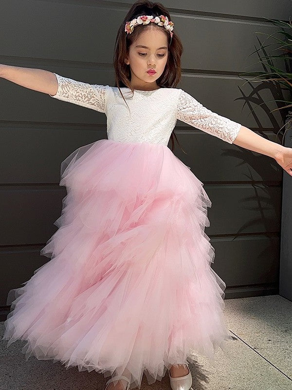 Sleeves 3/4 A-Line/Princess Tulle Scoop Lace Ankle-Length Flower Girl Dresses