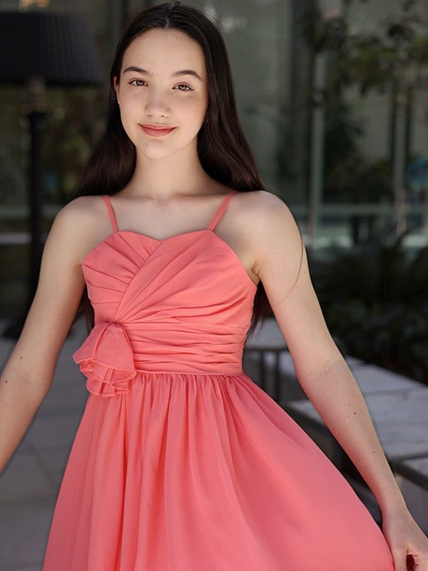 Spaghetti Ruffles Sleeveless Asymmetrical Straps Chiffon A-Line/Princess Junior/Girls Bridesmaid Dresses