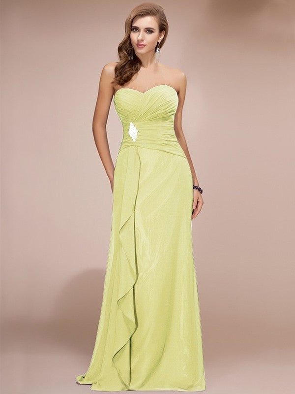 Sleeveless Sheath/Column Long Beading Sweetheart Ruffles Chiffon Bridesmaid Dresses